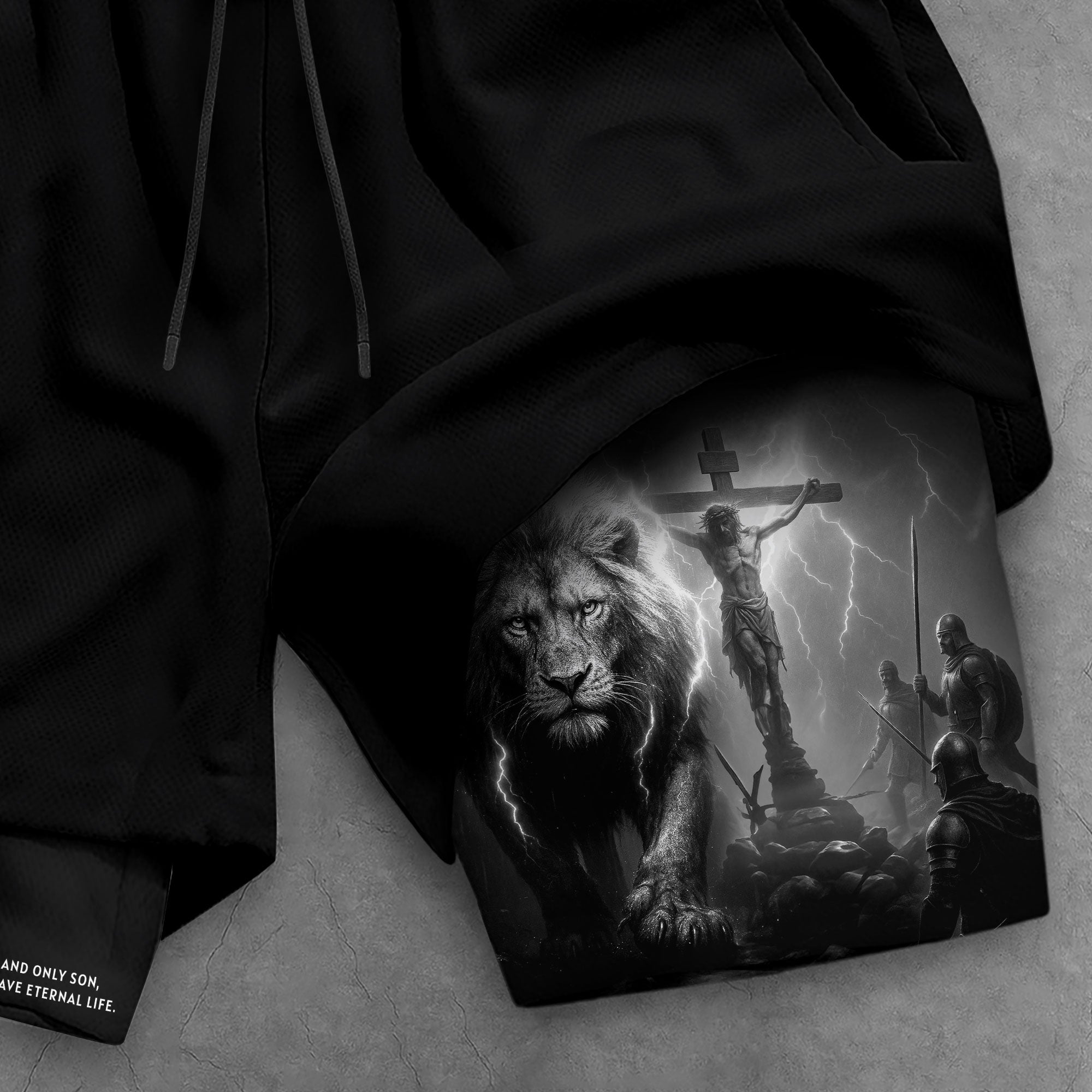 John 3:16 Christian Gym Workout Shorts Men Lion Jesus Cross Bible Verse