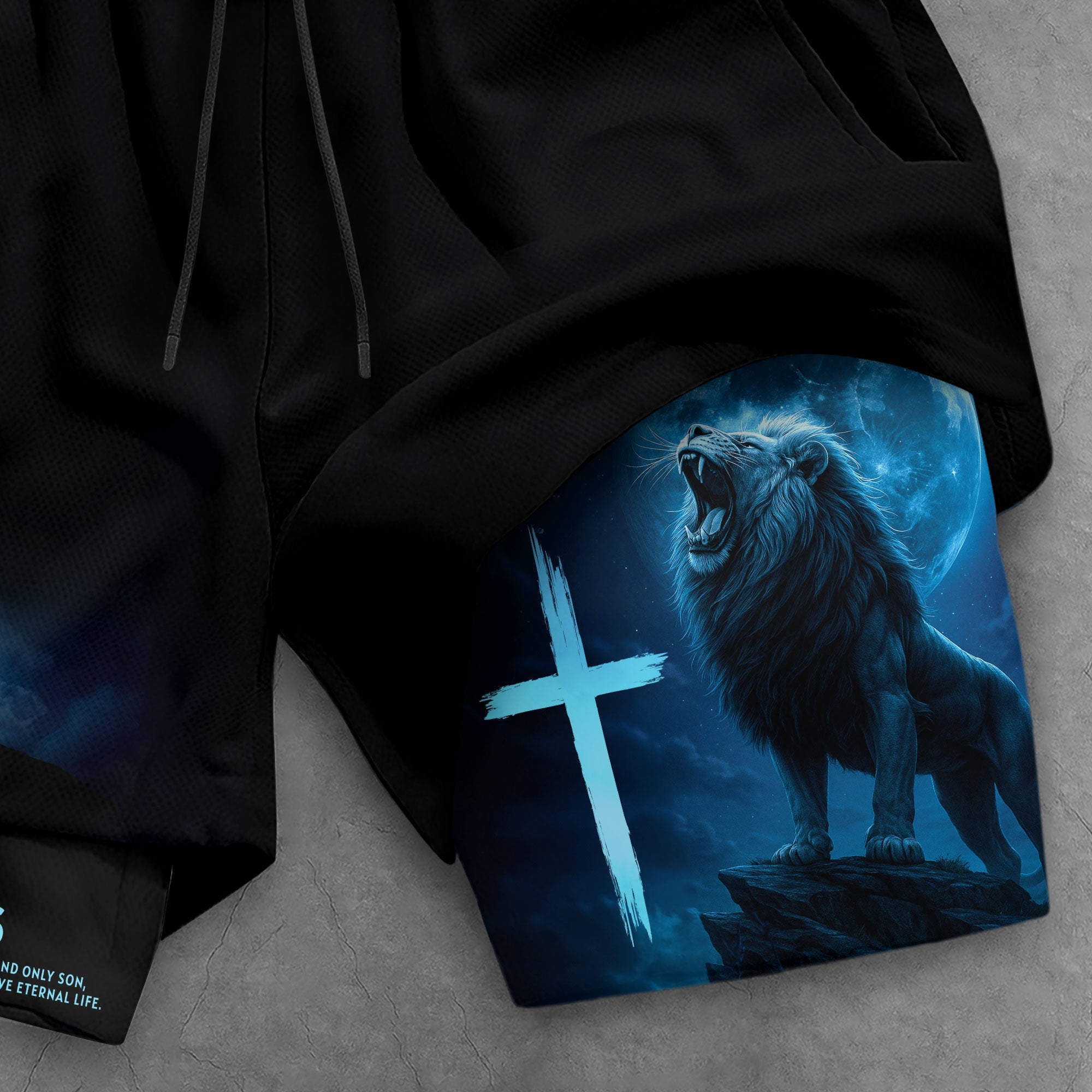 John 3:16 Christian Gym Workout Shorts Men Lion Cross Bible Verse Blue