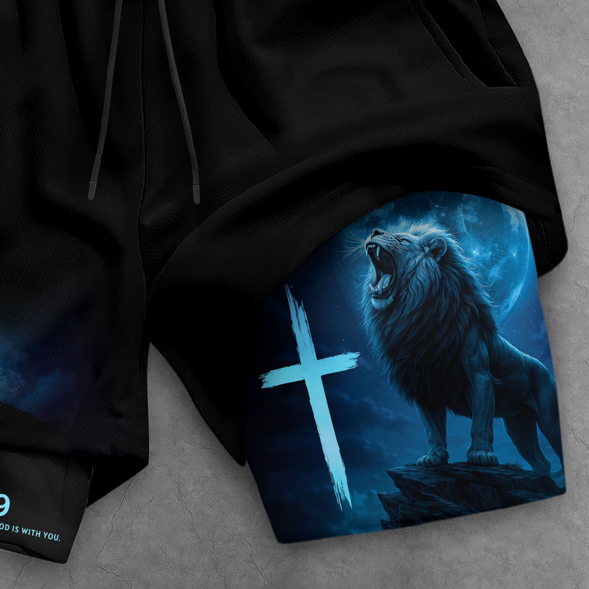Joshua 1:9 Christian Gym Workout Shorts Men Lion Cross Bible Verse Blue