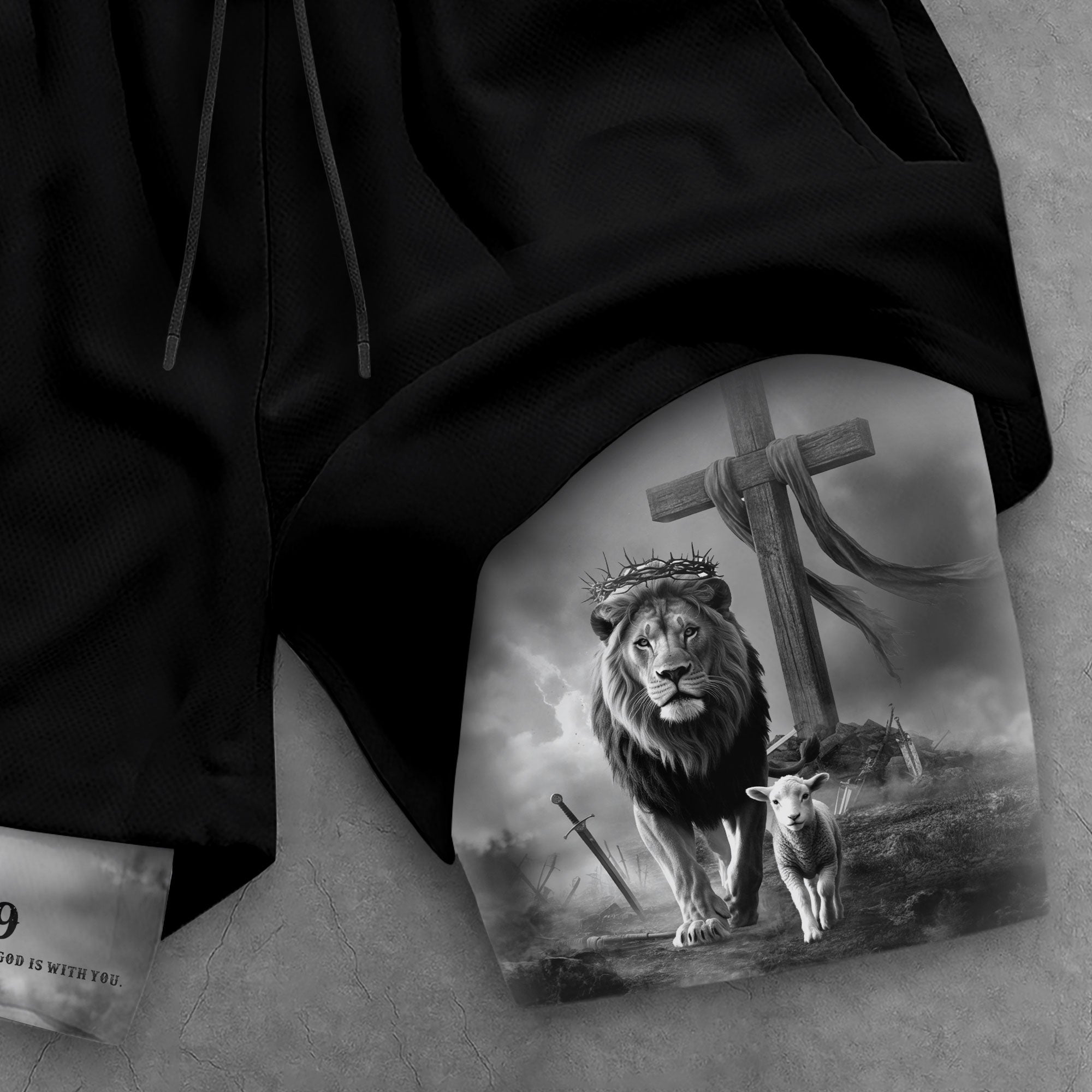 Joshua 1:9 Christian Gym Workout Shorts Men Lion and Lamb Cross Bible Verse