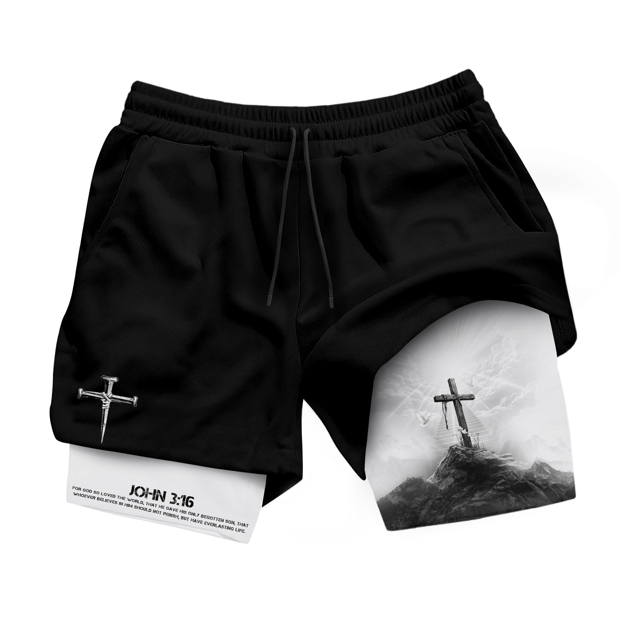 John 3:16 Christian Gym Shorts for Men with Liner Cross Design Religious