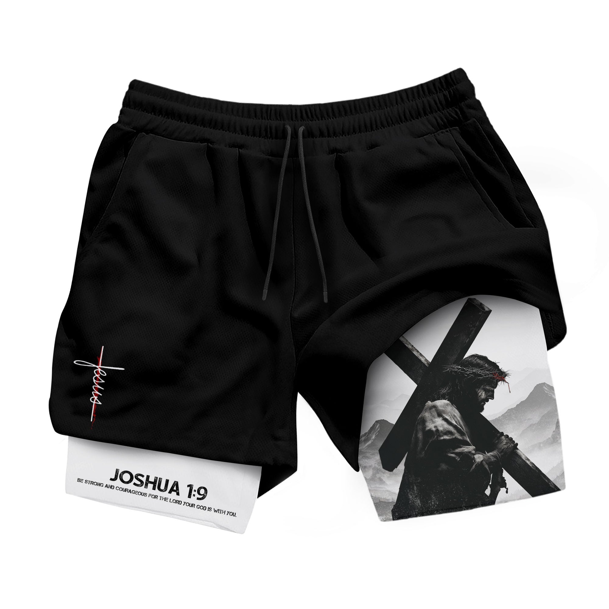 Joshua 1:9 Jesus Carrying Cross Christian Gym Shorts Faith Strength