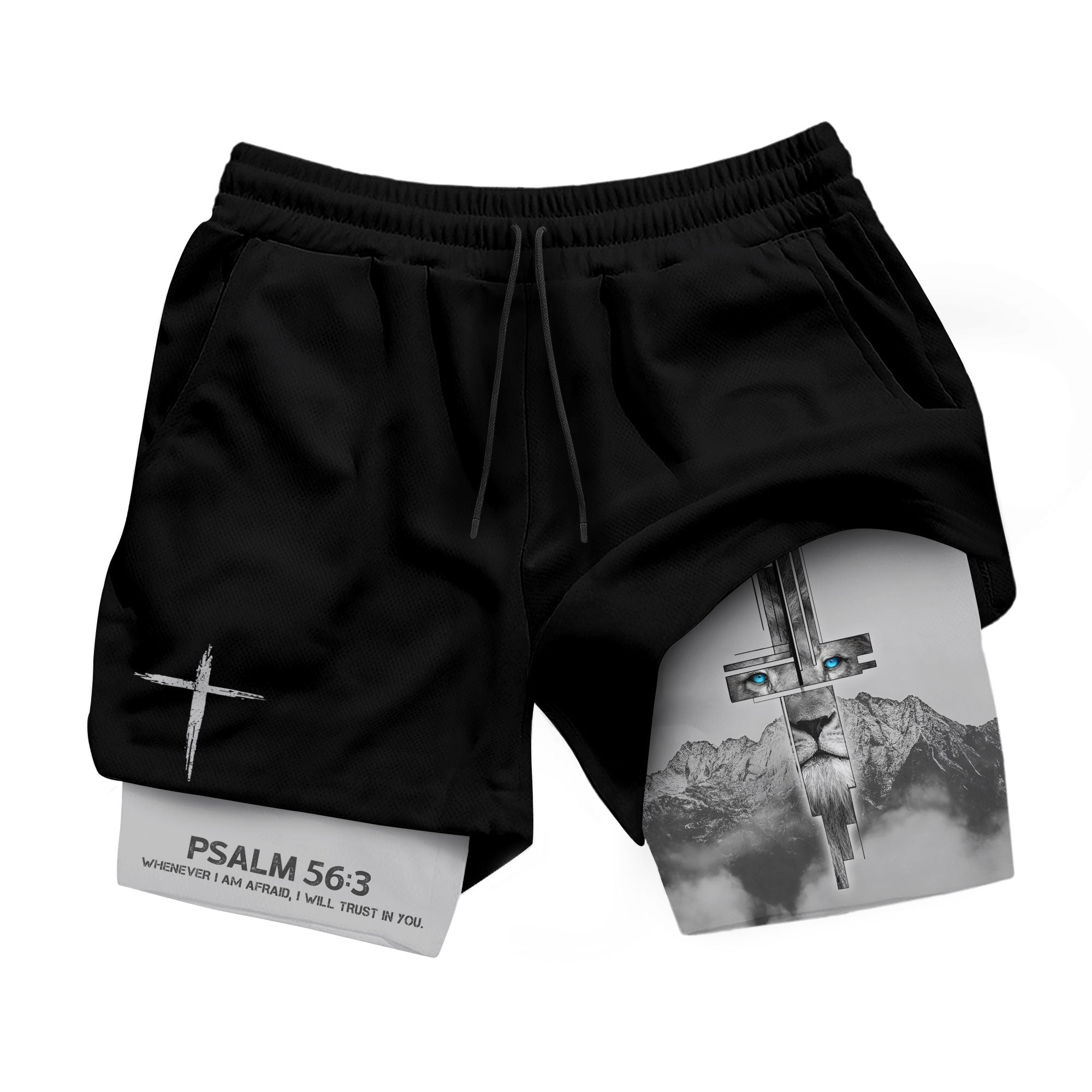 Psalm 56:3 Lion Cross Christian Gym Shorts Eyes of Faith