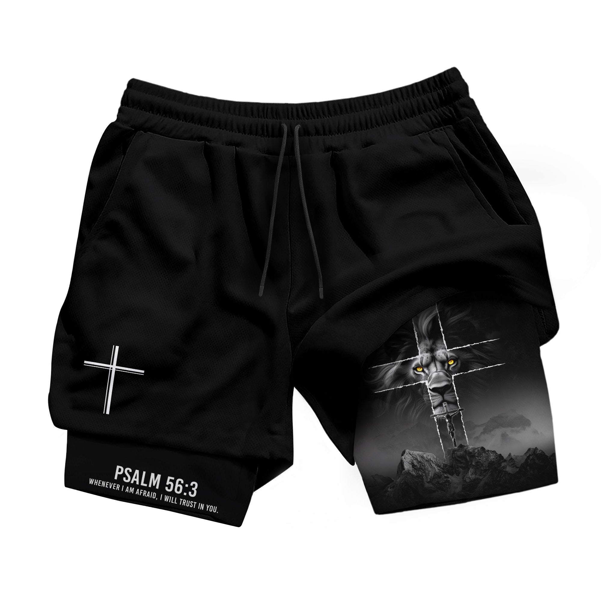 Psalm 56:3 Lion Cross Christian Gym Shorts Faith Over Fear