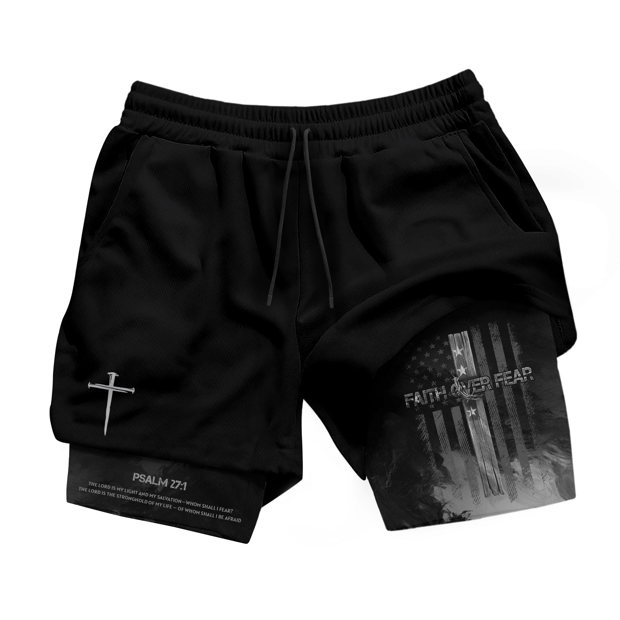 Faith Over Fear Christian Gym Shorts for Men Psalm 27:1 American Flag Cross