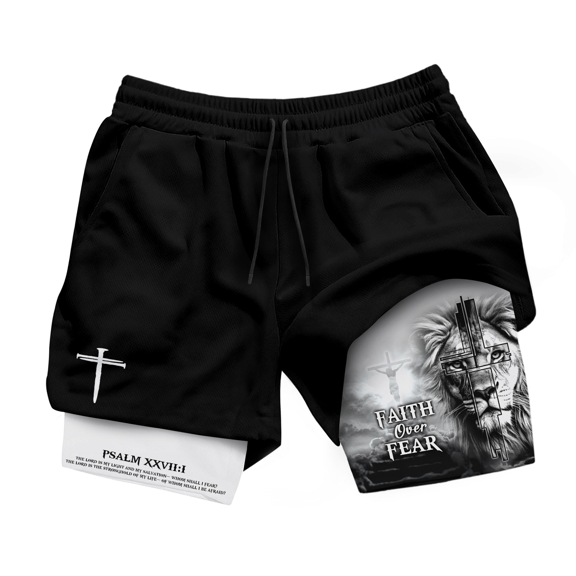 Faith Over Fear Psalm 27:1 Lion Cross Design Christian Gym Shorts
