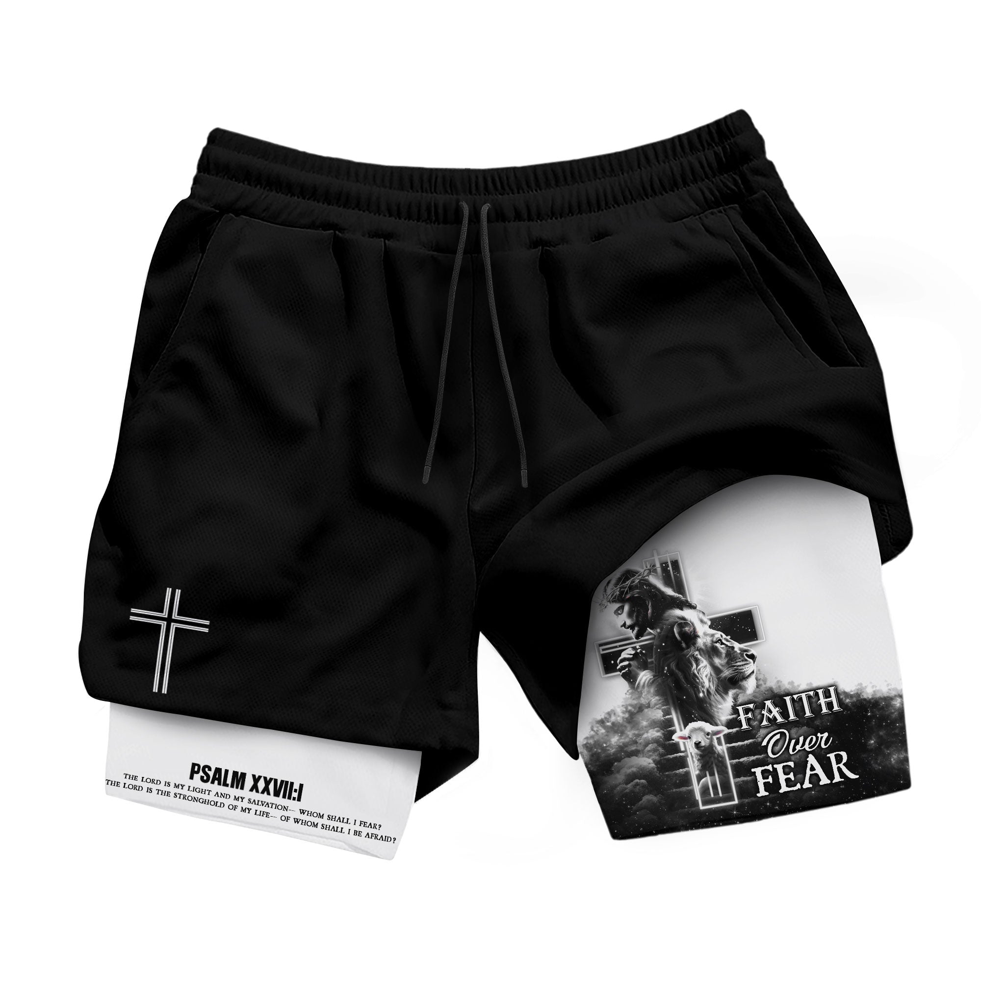 Psalm 27:1 Faith Over Fear Christian Gym Shorts for Men Lion Cross Design