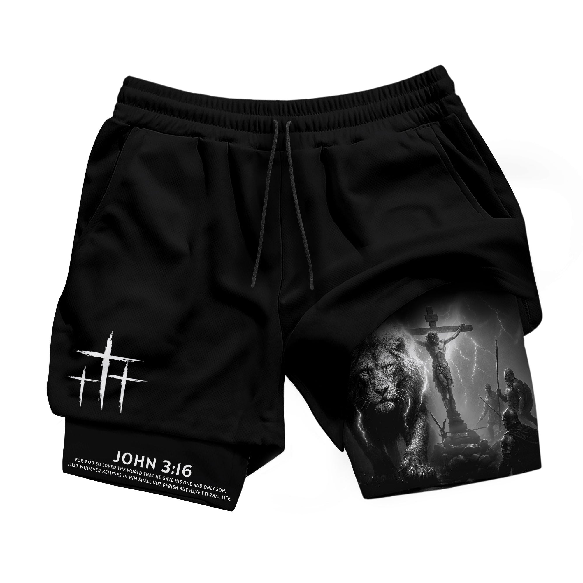 John 3:16 Christian Gym Workout Shorts Men Lion Jesus Cross Bible Verse
