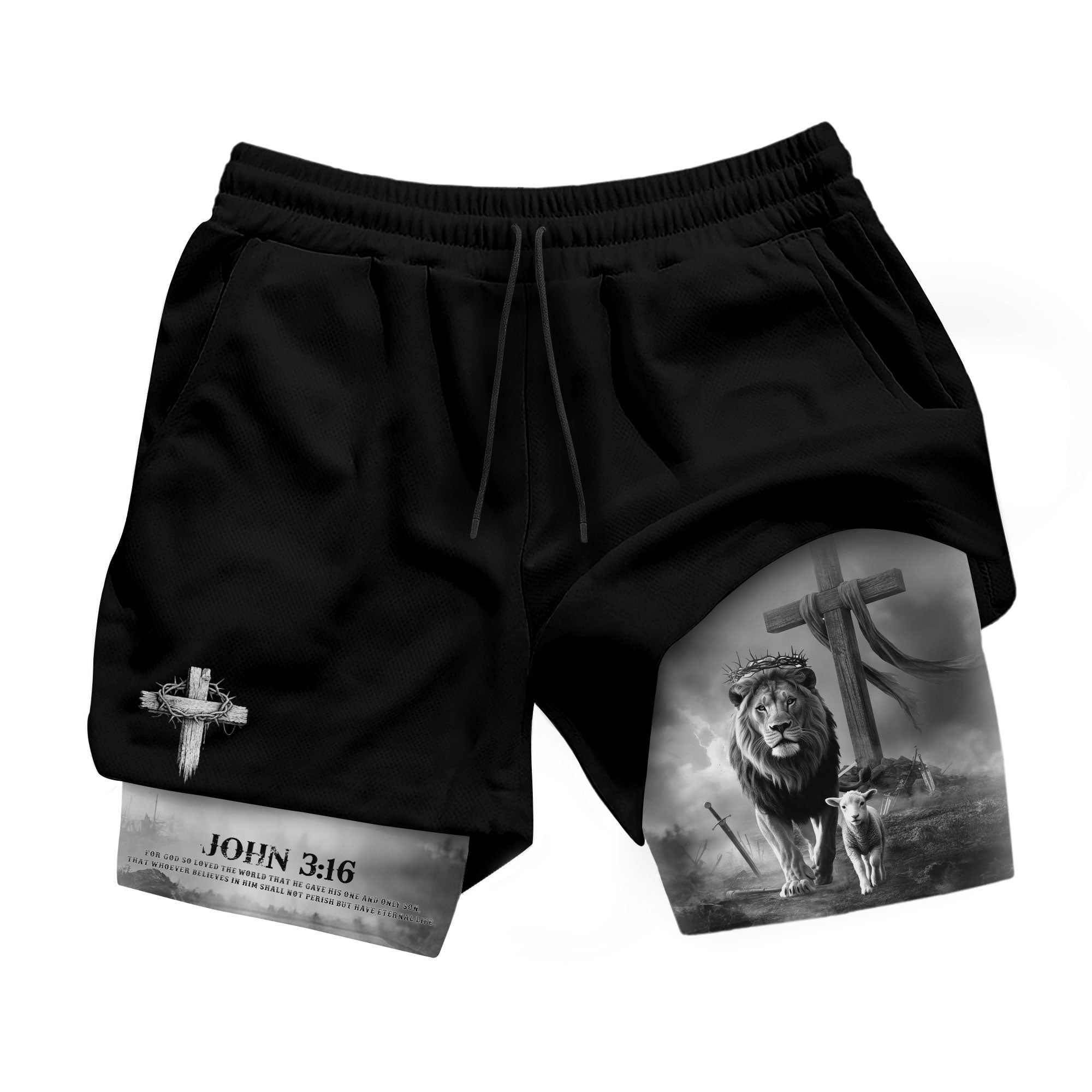 John 3:16 Christian Gym Workout Shorts Men Lion and Lamb Cross Bible Verse