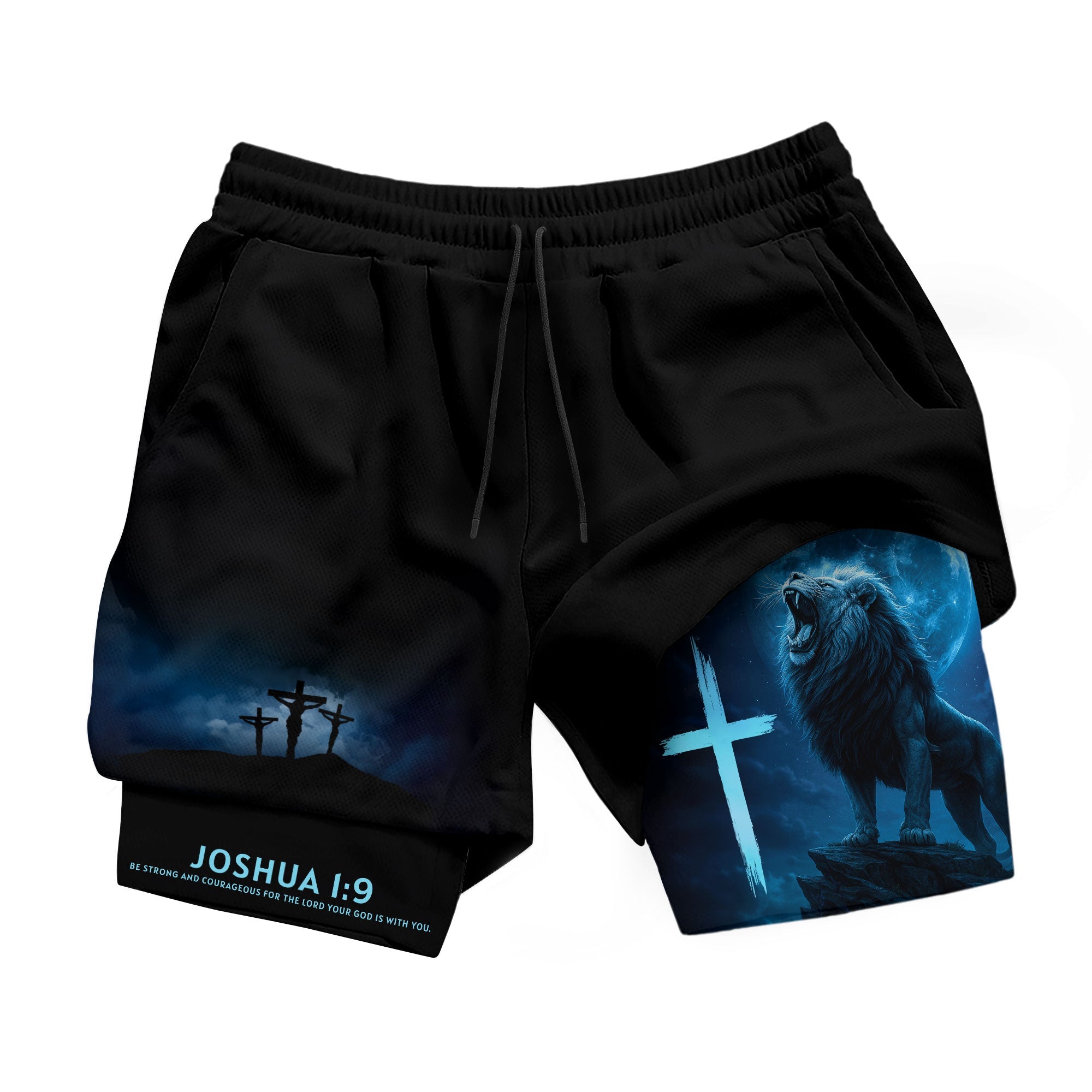 Joshua 1:9 Christian Gym Workout Shorts Men Lion Cross Bible Verse Blue