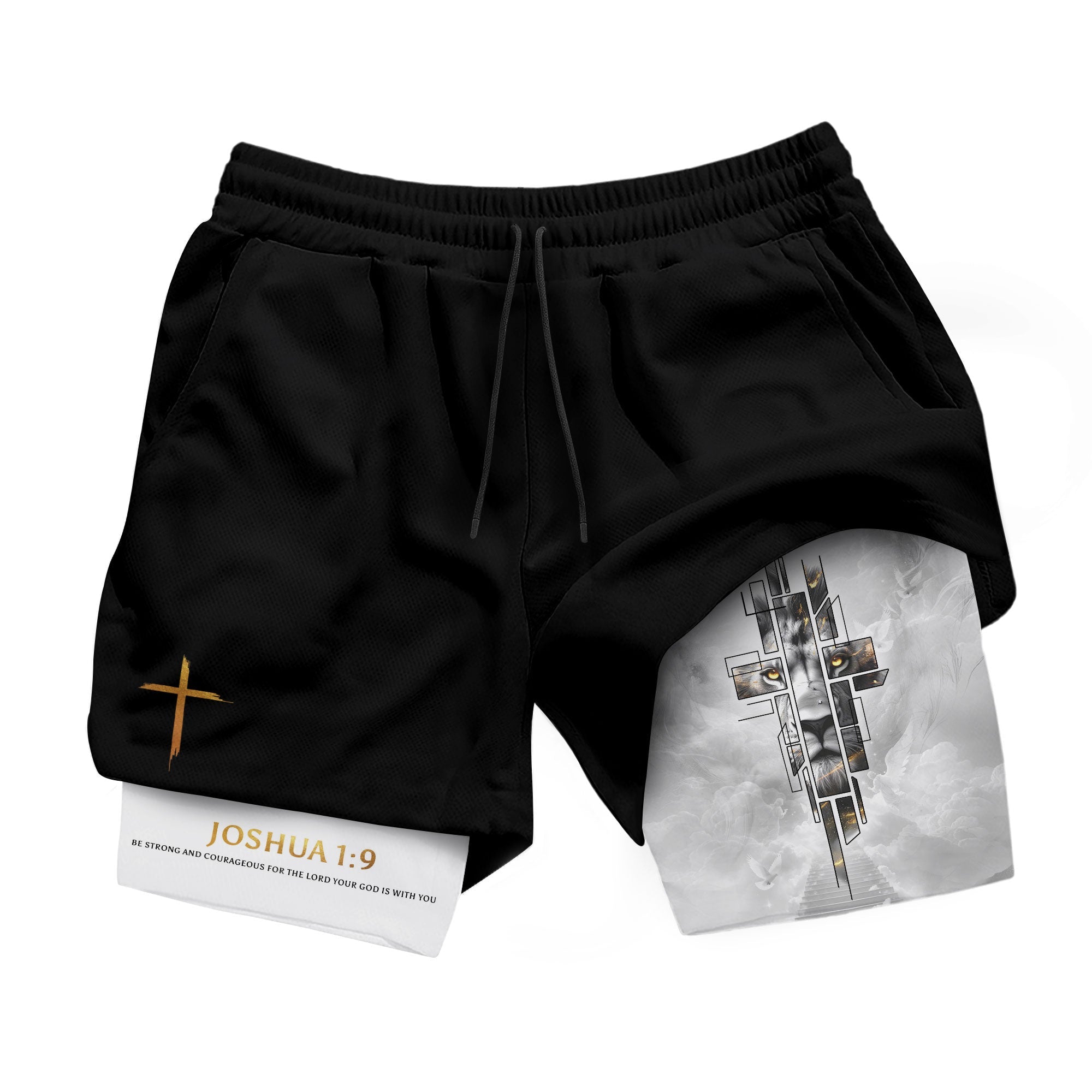 Joshua 1:9 Bible Verse Christian Men Workout Shorts Gold Lion of Judah Training Apparel